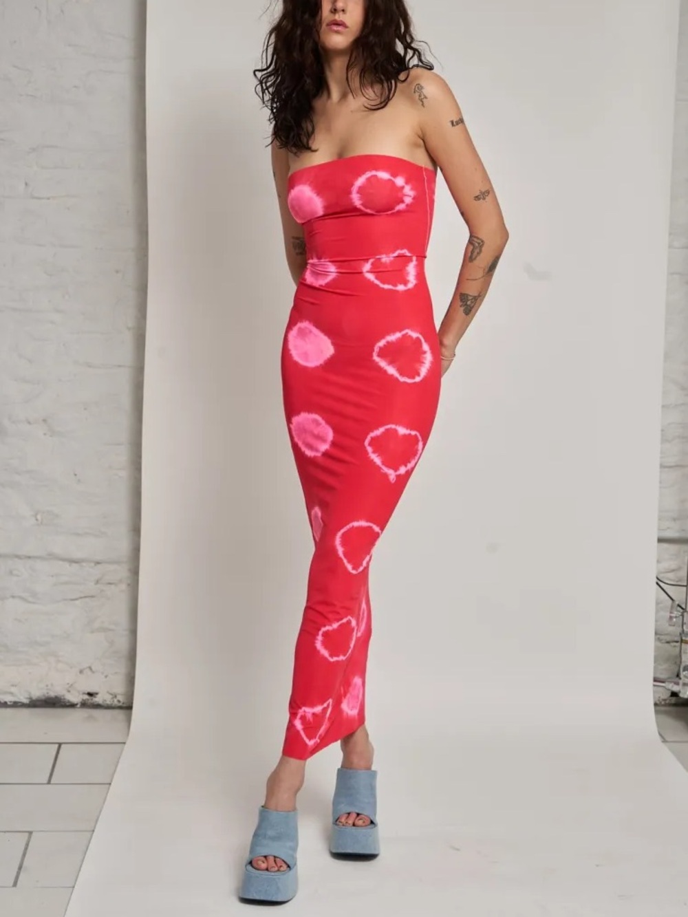 Dana Foley NYC Tie-Dye Strapless Tube Dress Red Pink Maxi OS